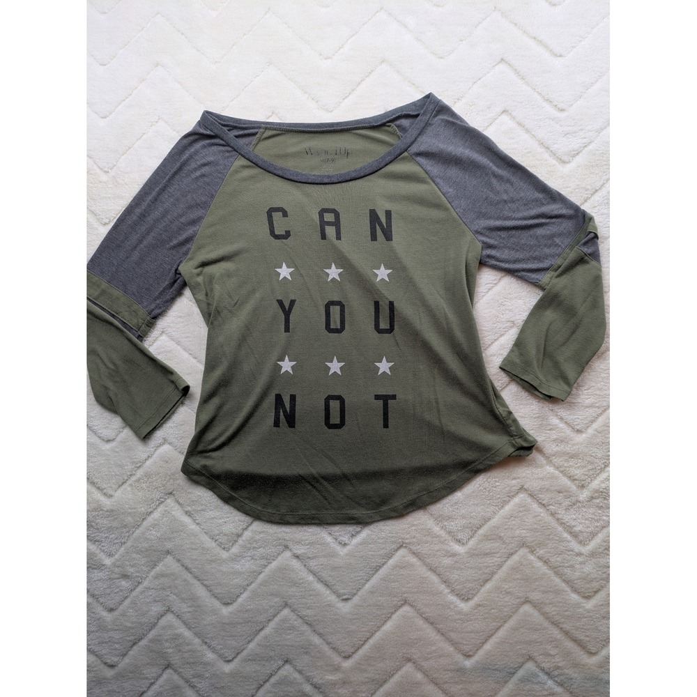 Wound Up Womens Can You Not Graphic Raglan Shirt Olive Grey Medium 7-9